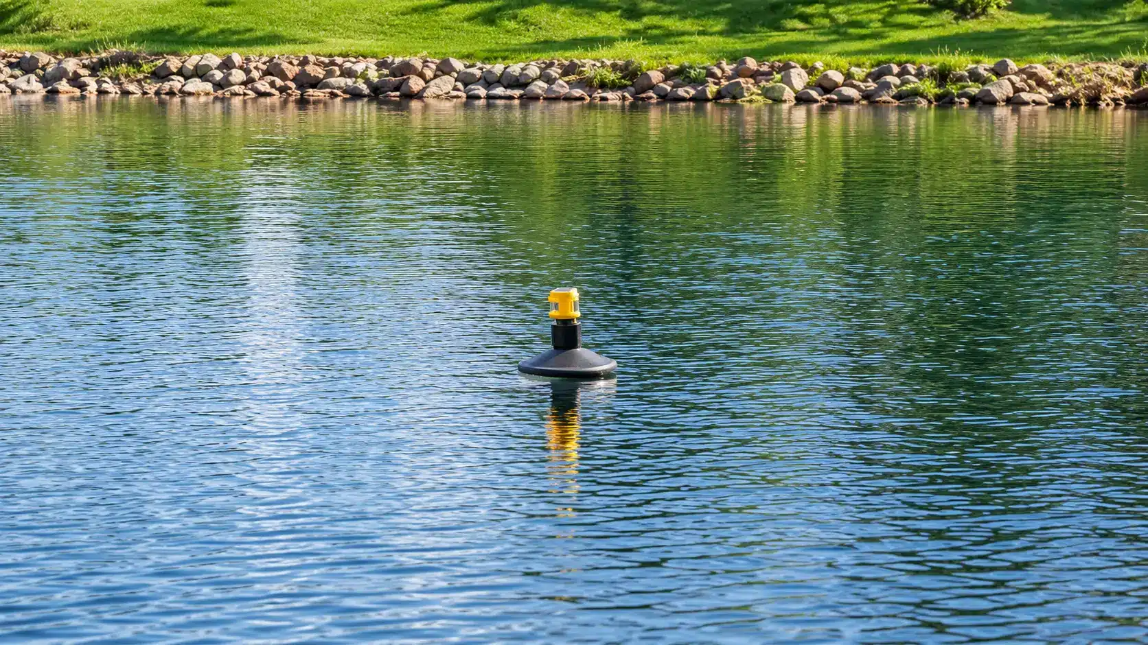 A black buoy with a yellow light floats on a calm pond, with a stone border and grassy area visible in the background.