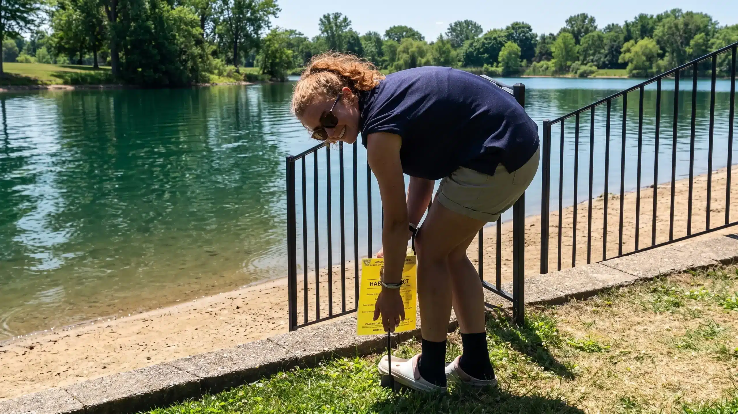 A person bends to pick up a yellow sign near a metal fence by a lake on a sunny day. Trees and grass are visible in the background.
