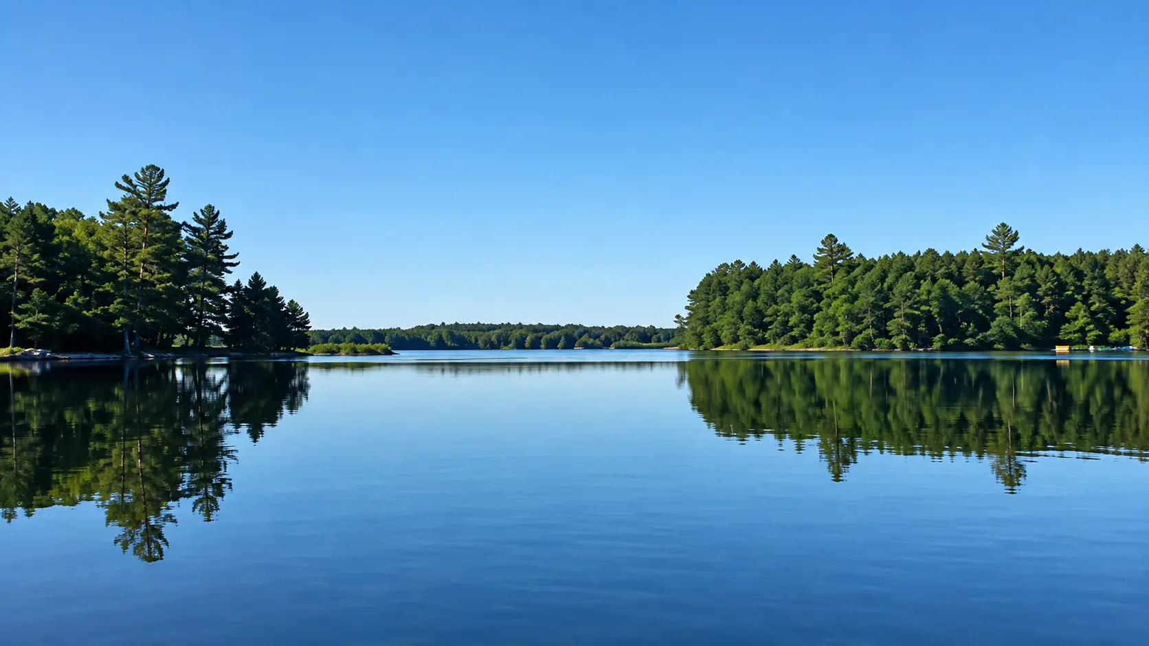 A calm lake with clear blue water reflects surrounding pine trees and a bright blue sky, creating a symmetrical, peaceful landscape.
