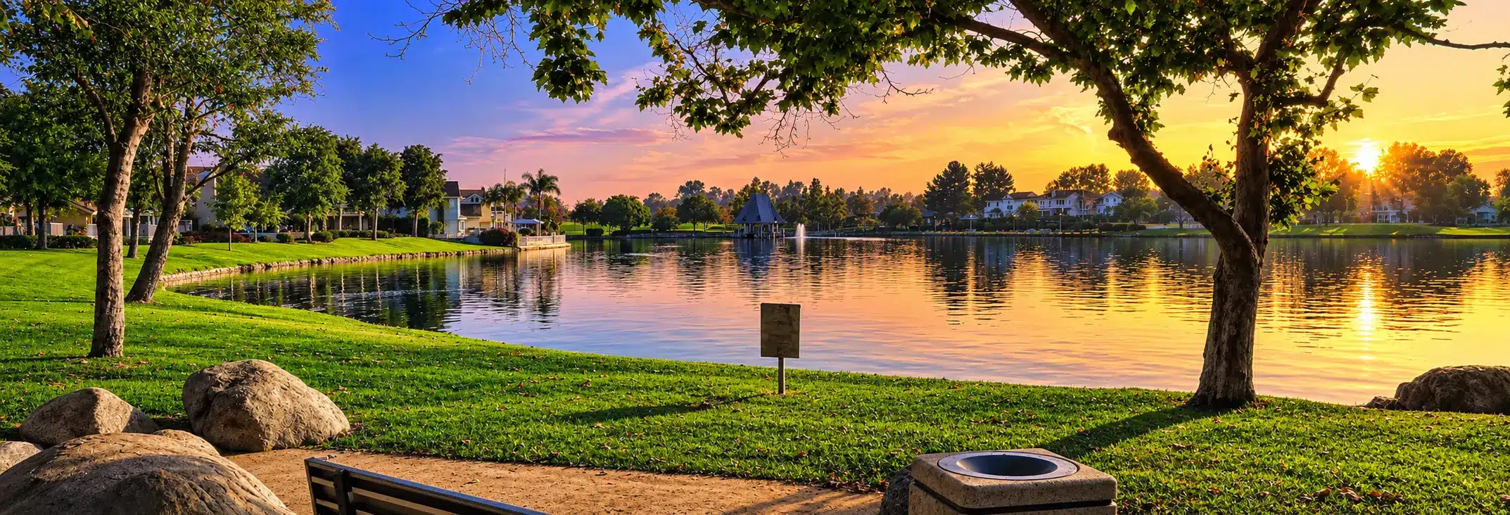 A lake at sunset with calm water, green grass, trees, a bench, and a trash can in the foreground. Houses and a sailboat are visible across the lake under a colorful sky.