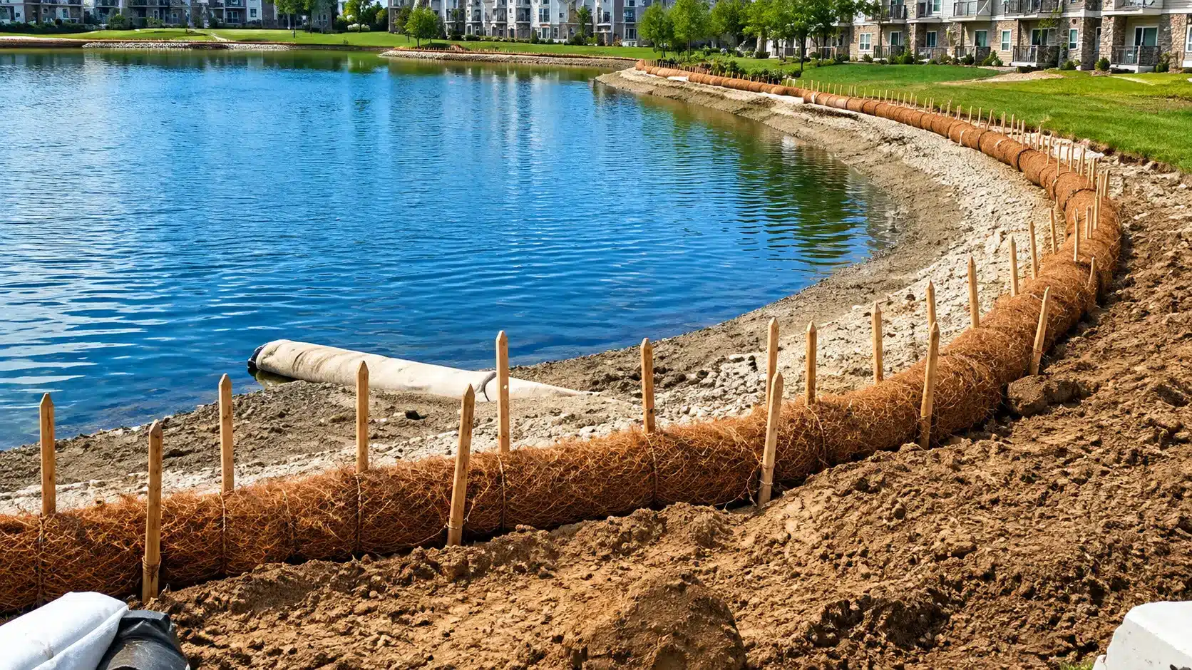 Erosion control barriers made of coir logs and wooden stakes line the muddy shore of a pond in a residential area with buildings in the background.