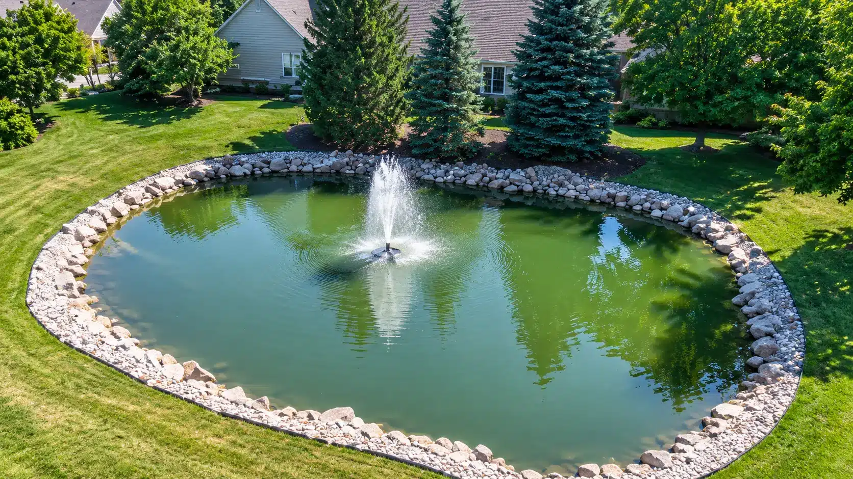 Aerial view of a landscaped backyard pond with a central water fountain, surrounded by stones and green grass, with houses and trees in the background.