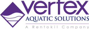 Vertex Aquatic Solutions logo in purple, featuring a diamond shape with wavy lines and text stating it is a Rentokil company.