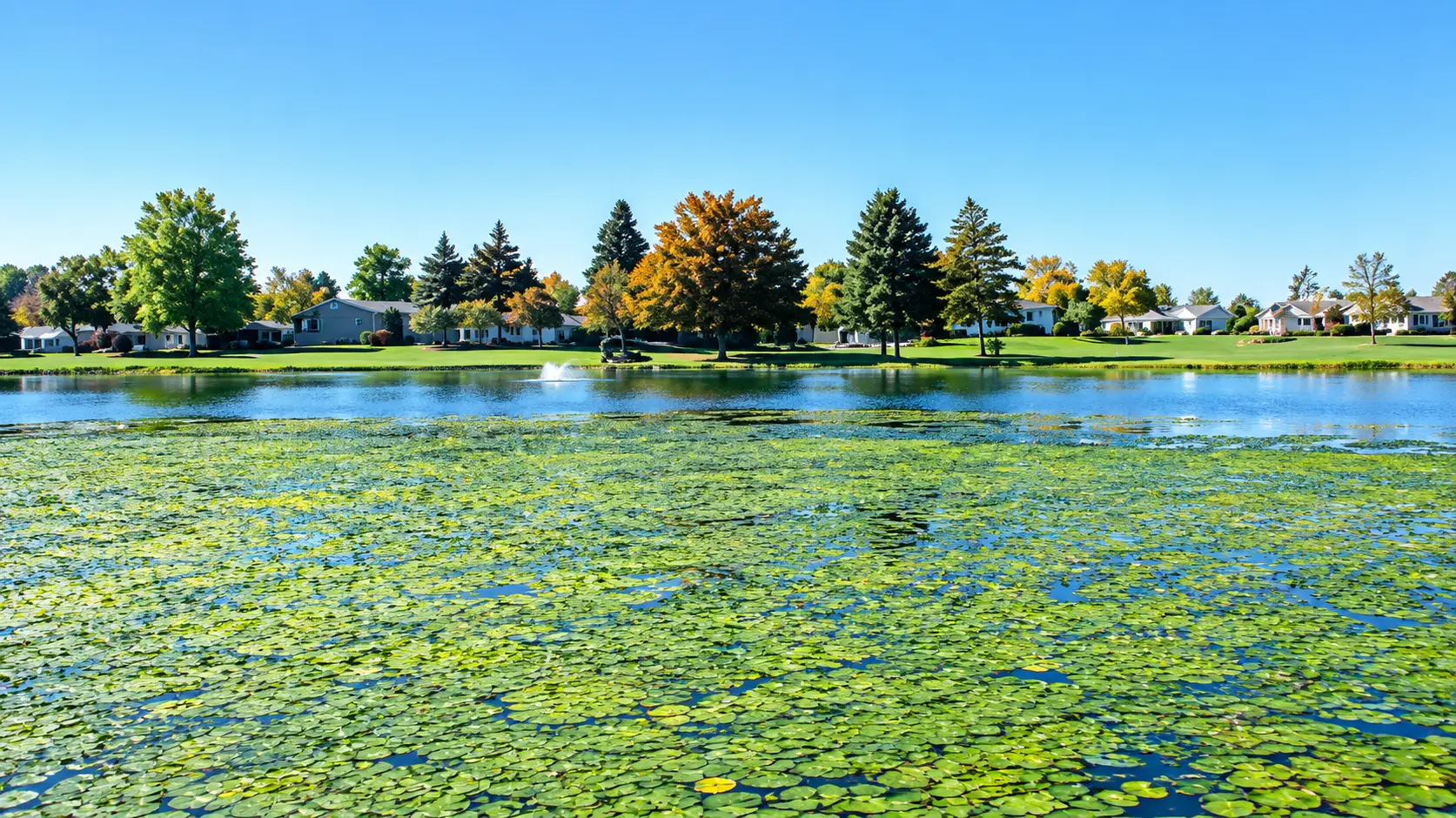 A pond with lily pads in the foreground, calm water, and houses with trees along the distant shoreline under a clear blue sky.